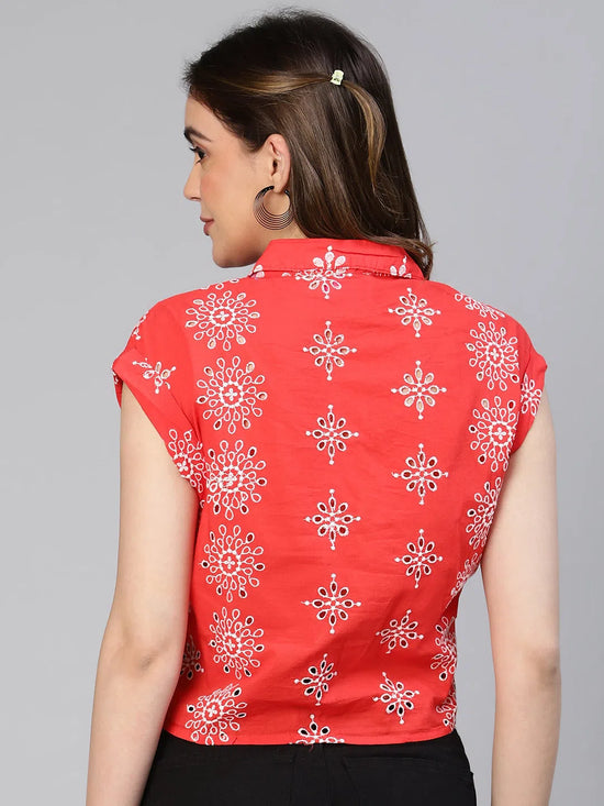 Summer Red Floral Print Tie-Knotted Women Cotton Shirt