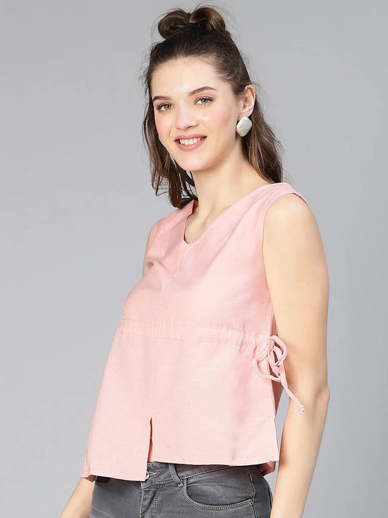 Women pink tie knot detail sleeveless cotton linen top