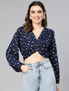 Women navy floral print gathered pleate polyester crop top