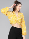 Women Yellow Floral Print Gathered Pleate Polyester Crop Top-S23041WBL002