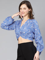 Women blue floral print gathered pleate polyester crop top