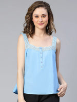 Flounce Blue Laced With Buttons Women Cotton Nightwear Top