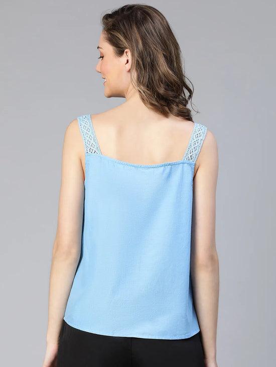 Flounce Blue Laced With Buttons Women Cotton Nightwear Top