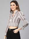 Women Grey Stripe Print Smocked Cotton Crop  Top-S23047WBL002