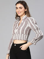 Women Grey Stripe Print Smocked Cotton Crop  Top-S23047WBL002