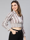 Women Grey Stripe Print Smocked Cotton Crop  Top-S23047WBL002