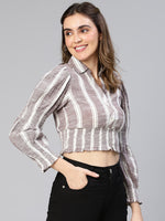 Women Grey Stripe Print Smocked Cotton Crop  Top-S23047WBL002