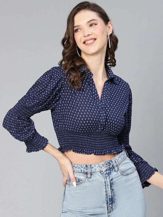 Cutesy Polka Print Smocked Women Crop Top