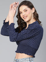 Women Blue Polka Print Smocked Viscose Crop Top-S23047WBL004