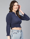 Women Blue Polka Print Smocked Viscose Crop Top-S23047WBL004