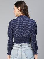 Women Blue Polka Print Smocked Viscose Crop Top-S23047WBL004