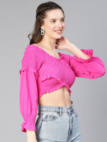 Women Solid Pink Smocked Off -Shoulder Polyester Top-S23048WBL004