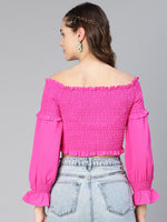 Women Solid Pink Smocked Off -Shoulder Polyester Top-S23048WBL004