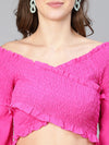 Women Solid Pink Smocked Off -Shoulder Polyester Top-S23048WBL004