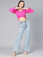 Women Solid Pink Smocked Off -Shoulder Polyester Top-S23048WBL004