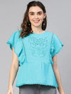 Women solid blue embriodered with lace detail cotton top