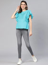 Women solid blue embriodered with lace detail cotton top