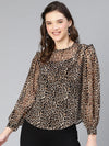 Women brown animal polyester print ruffled top