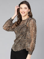 Women brown animal polyester print ruffled top