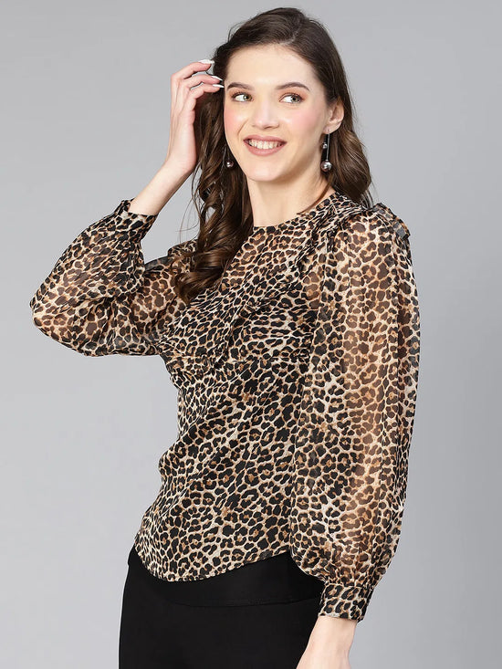 Women brown animal polyester print ruffled top