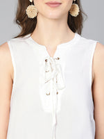 Women White Sleeveless With Criss Cross Tie Knot Cotton Top-S23059WBL004