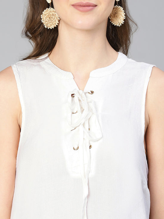 Women White Sleeveless With Criss Cross Tie Knot Cotton Top-S23059WBL004