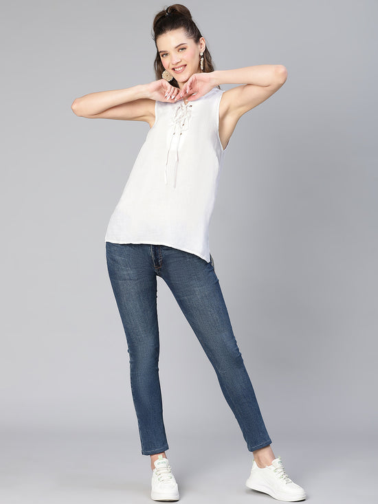 Women White Sleeveless With Criss Cross Tie Knot Cotton Top-S23059WBL004