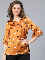 Women brown polka satin print bell sleeve nightwear top