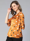 Women brown polka satin print bell sleeve nightwear top