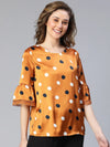 Women brown polka satin print bell sleeve nightwear top