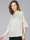 Women Ivory Polka Dot Satin Printed Bell Sleeve Nightwear Top-S23062WNW003