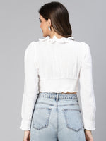 Women White Ruffled & Smocked Cotton Crop Top-S23063WBL003