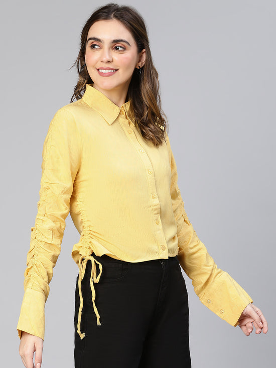 Women Yellow Solid Viscose Dobby Long Sleeved Gathered Shirt-S23066WSH003