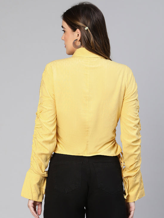 Women Yellow Solid Viscose Dobby Long Sleeved Gathered Shirt-S23066WSH003