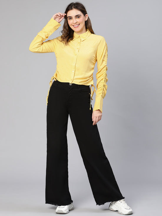 Women Yellow Solid Viscose Dobby Long Sleeved Gathered Shirt-S23066WSH003