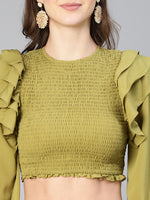 Women Solid  Green Ruffled & Smocked Polyester Crop Top-S23073WBL002