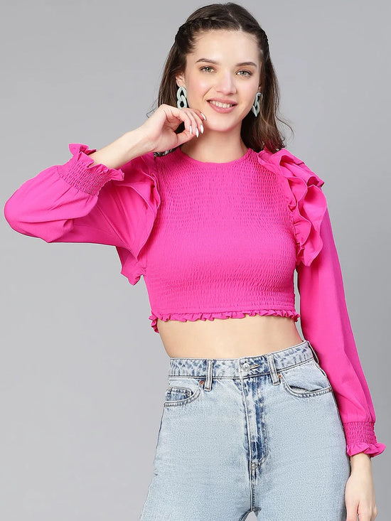 Women Solid pink ruffled & smocked Polyester crop top