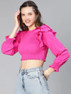 Women Solid pink ruffled & smocked Polyester crop top