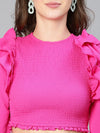 Women Solid pink ruffled & smocked Polyester crop top