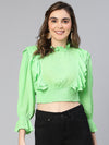 Women Solid Green Ruffled Long Sleeve  Casual Crop Top-S23078WBL002