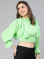 Women Solid Green Ruffled Long Sleeve  Casual Crop Top-S23078WBL002