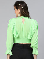 Women Solid Green Ruffled Long Sleeve  Casual Crop Top-S23078WBL002