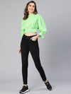 Women Solid Green Ruffled Long Sleeve  Casual Crop Top-S23078WBL002