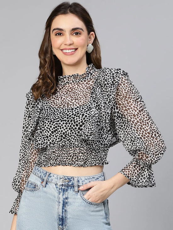 Women black printed ruffled bell sleeve casual Polyester crop top