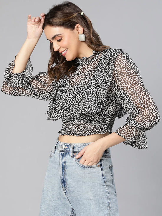 Women black printed ruffled bell sleeve casual Polyester crop top