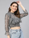 Women black printed ruffled bell sleeve casual Polyester crop top