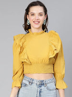 Women Solid mustard ruffled bell sleeve casual crop top