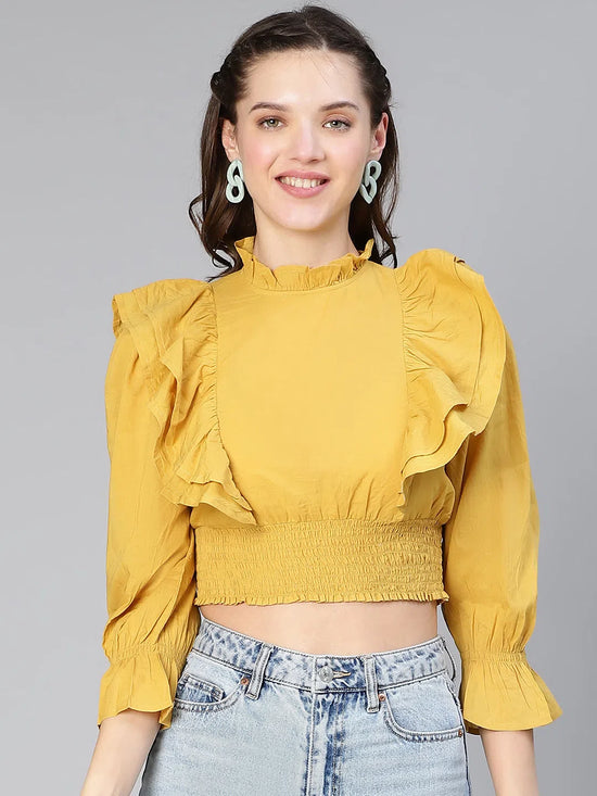 Women Solid mustard ruffled bell sleeve casual crop top