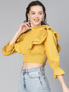 Women Solid mustard ruffled bell sleeve casual crop top