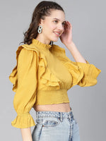 Women Solid mustard ruffled bell sleeve casual crop top